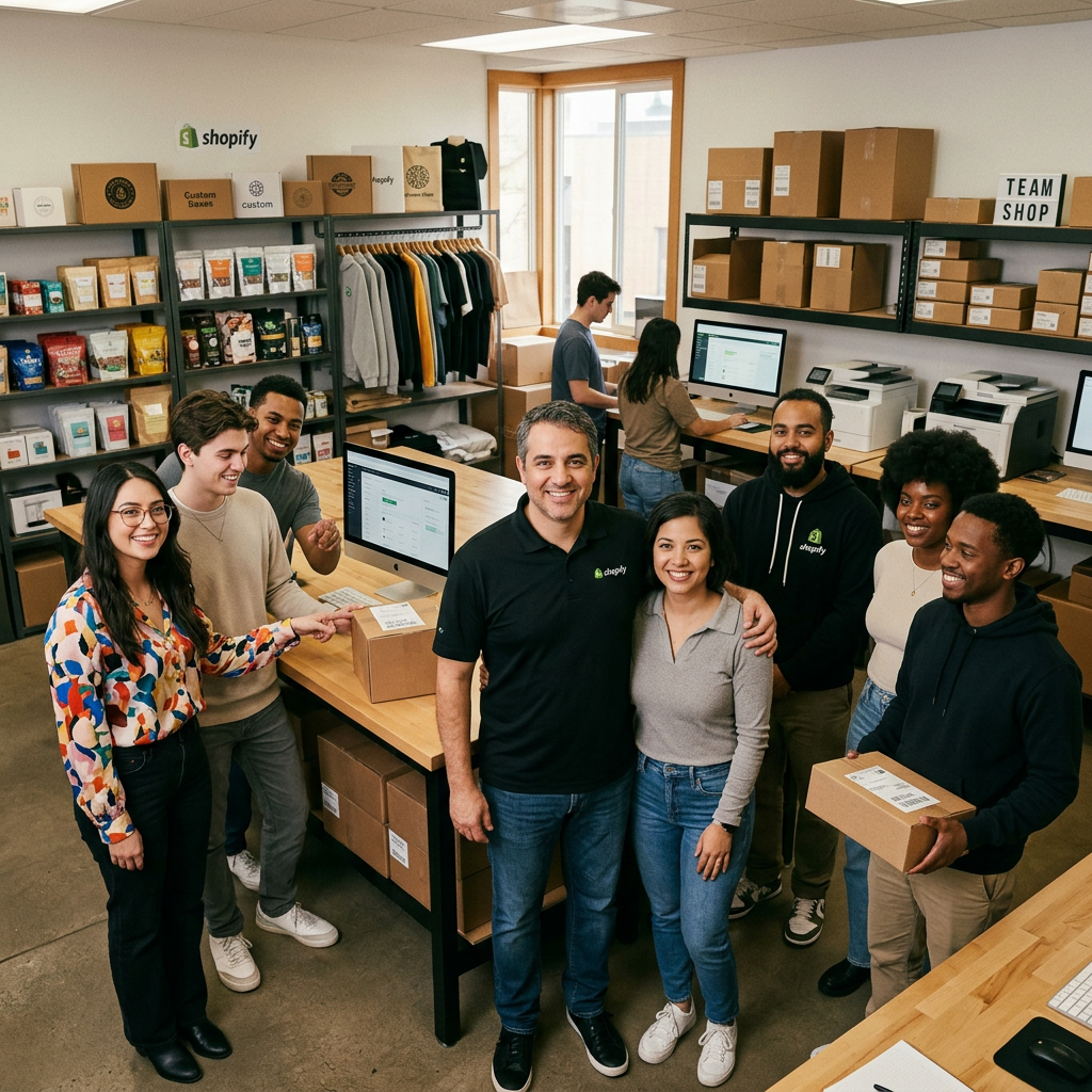 Group of people packing boxes and working at computers in ecommerce office